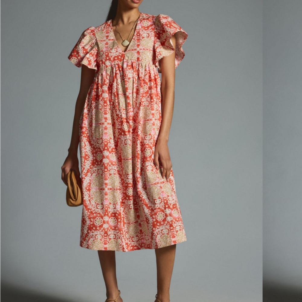 Maeve Coral and Beige Patterned Midi Dress